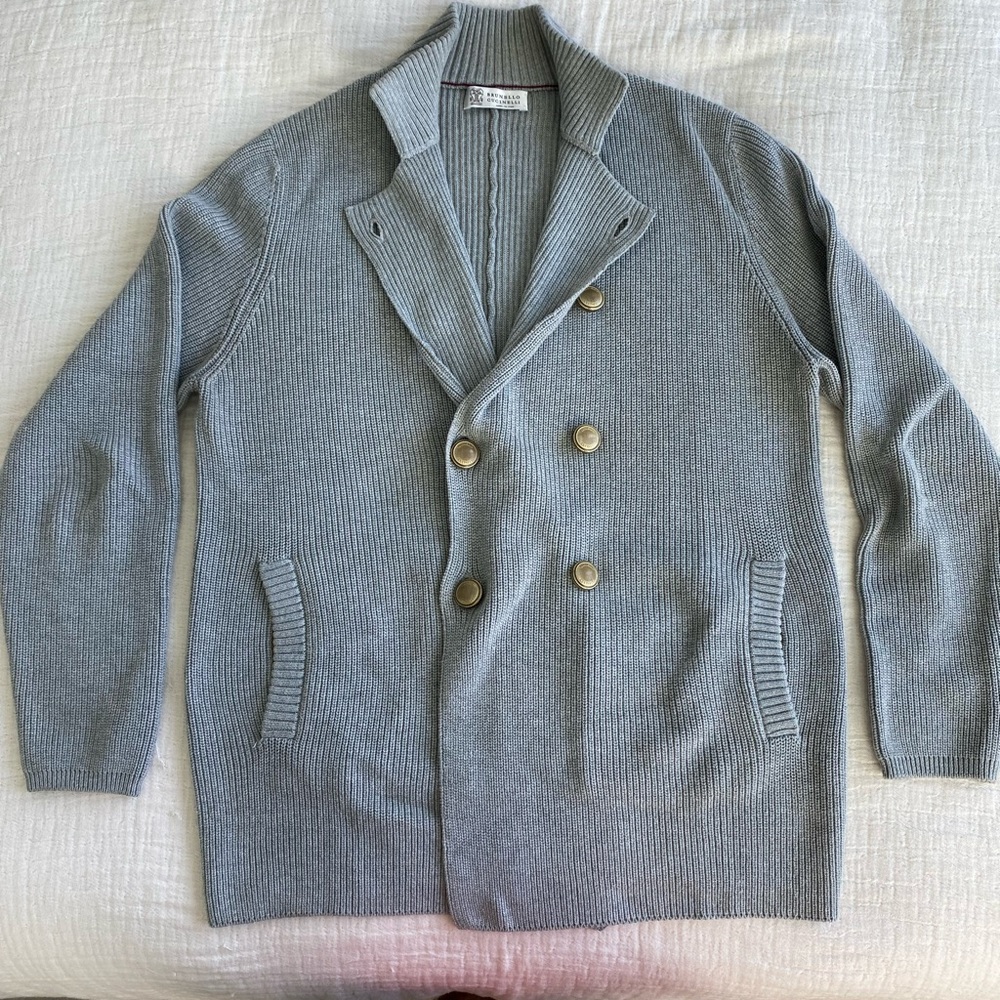 Brunello Cucinelli ribbed cardigan sweater with branded gold-tone buttons